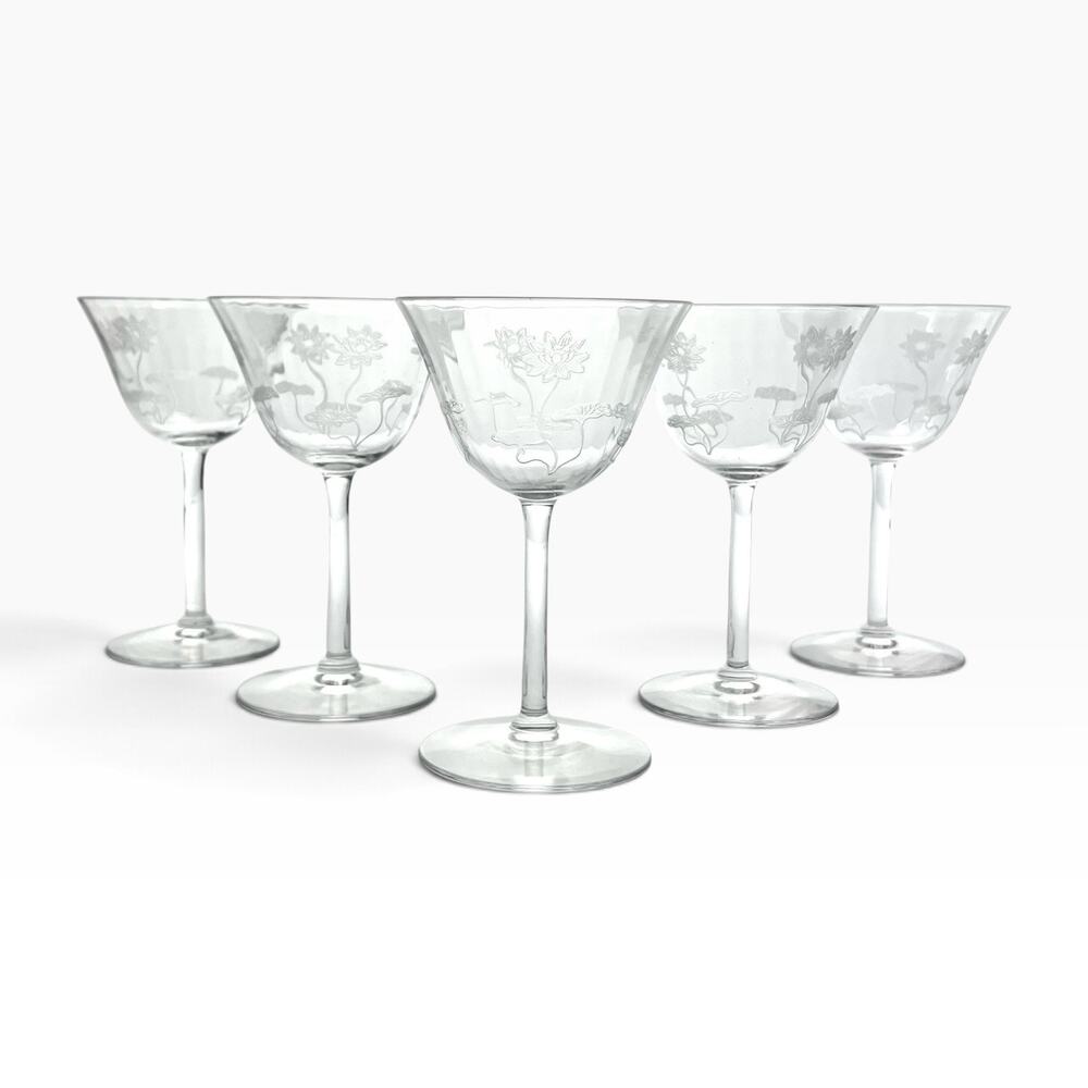 1910s Antique Fostoria “Lotus” 5 Etched Optic Cordial Wine Glasses 4 3/4” 4oz